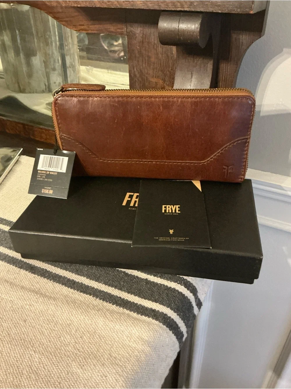 NWT Frye Leather Melissa Zip Around Wallet Cognac Brown With Box Retail $158